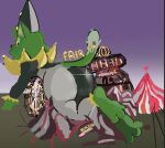 anthro belly_smother big_butt building butt circus clothed clothing destruction digital_media_(artwork) domestic_cat fair feet felid feline felis fur green_body green_fur hat headgear headwear jester macro male mammal marlow_(neochlorine) miaucandies outside paws size_difference solo tail yellow_sclera