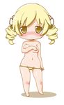  blonde_hair blush breasts chibi covering covering_breasts drill_hair gerotan hair_ornament hairband highres long_hair looking_at_viewer mahou_shoujo_madoka_magica medium_breasts panties simple_background solo tomoe_mami topless twin_drills twintails underwear white_background yellow_eyes yellow_panties 
