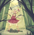  1girl :d arm_up blonde_hair blush broken flandre_scarlet forest hat highres mary_janes master_sword nature open_mouth red_eyes shoes smile solo sword the_legend_of_zelda touhou triforce weapon wings yunuki_uta 