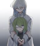  2boys arms_around_neck bandaged_neck bandages black_shirt blue_eyes blue_hair braid closed_eyes closed_mouth coat colored_inner_hair commentary_request eyepatch gradient_background green_hair grey_background habakari_tsubame hair_between_eyes half_crown_braid half_updo highres holding_another's_arm lab_coat long_hair looking_at_another looking_up male_focus medical_eyepatch medium_hair mikoto_hotori multicolored_hair multiple_boys original own_hands_together parted_lips shiranuno shirt side_ahoge signature smile sweat tearing_up turtleneck upper_body white_background white_coat white_hair white_shirt 