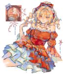  1girl blonde_hair breasts chest_tattoo closed_mouth commentary cropped_legs detached_sleeves dionyluna dress drill_hair english_commentary genshin_impact hair_between_eyes hair_ribbon hand_up highres jewelry long_hair medium_breasts necklace official_alternate_costume official_art_inset orange_dress orange_eyes reference_inset ribbon simple_background sitting smile solo tattoo twirling_hair white_background yoimiya_(genshin_impact) 