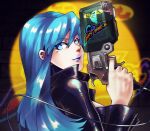  1girl absurdres blue_eyes blue_hair blue_lips blurry blurry_background bodysuit commission demon_(megami_tensei) devil_summoner:_soul_hackers devil_summoner_(series) double-parted_bangs duckpasta_flo english_commentary floating_hair gump_(devil_summoner) gun hair_between_eyes handgun highres holding holding_gun holding_weapon leather_bodysuit long_hair long_sidelocks nemissa open_bodysuit open_clothes searchlight sidelocks solo upper_body watermark watermark_grid weapon zipper 