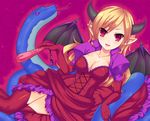 blonde_hair breasts collarbone demon_wings dress elbow_gloves fan frills geminiboar gloves highres horns lilith_(p&amp;d) long_hair looking_at_viewer lying medium_breasts on_side open_mouth pointy_ears puzzle_&amp;_dragons red_eyes smile snake solo wings 