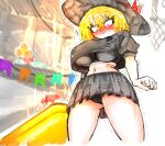  1girl black_skirt blonde_hair blush bow bowtie breasts commentary don_quixote_(project_moon) elephant hat heart holding kindergarten_uniform lance large_breasts limbus_company limbus_kindergarten_uniform miniskirt official_alternate_costume pleated_skirt polearm project_moon red_bow red_eyes sancho_(project_moon) school_hat short_shorts shorts simple_background skirt traditional_bowtie udiedguy underwear untranslatable_commentary weapon white_background 