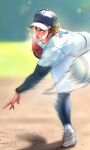  1boy ball bandaid bandaid_on_cheek bandaid_on_face baseball baseball_(object) baseball_cap baseball_jersey baseball_mitt baseball_uniform black_hair blue_eyes english_commentary final_fantasy final_fantasy_vii hat highres jersey long_sleeves looking_at_viewer male_focus motion_lines open_mouth outdoors shirt short_hair short_sleeves shorts solo sportswear standing standing_on_one_leg throwing white_shirt white_shorts zack_fair zzys1118 