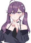  1girl ahoge akagi_kurage bare_shoulders blue_eyes braid choker closed_mouth collarbone gakuen_idolmaster grey_choker grey_shirt hand_up idolmaster juliet_sleeves kaya_rinha long_sleeves off-shoulder_shirt off_shoulder puffy_sleeves purple_hair shirt simple_background solo twintails upper_body white_background wide_sleeves 