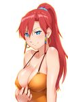  bangs bare_shoulders bellows_(suisei_no_gargantia) blue_eyes blush breasts camisole cleavage covered_nipples earrings flashing from_side hair_tubes high_ponytail hoop_earrings jewelry large_breasts long_hair naughty_face no_bra outline parted_bangs ponytail red_hair scrunchie shirt_tug sidelocks simple_background smile solo strap_gap suisei_no_gargantia teasing ueyama_michirou uneven_eyes upper_body white_background 