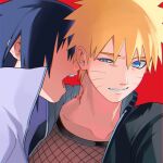  2boys bite_mark bite_mark_on_neck black_hair black_jacket blonde_hair blood blue_eyes commentary facial_mark fishnet_top fishnets high_collar highres jacket looking_to_the_side male_focus margherita1827 multiple_boys naruto_(series) naruto_shippuuden open_clothes open_jacket parted_lips red_background short_hair spiked_hair uchiha_sasuke uneven_eyes upper_body uzumaki_naruto whisker_markings white_jacket wince yaoi 