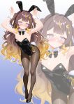  1girl animal_ear_hairband animal_ears anya_melfissa black_bow black_bowtie black_leotard black_pantyhose blonde_hair blue_background bow bowtie brown_hair commentary_request detached_collar fake_animal_ears full_body gradient_background gradient_hair hairband highres hololive leotard multicolored_hair multiple_views pantyhose playboy_bunny purple_eyes rabbit_ears rabbit_pose rabbit_tail side-tie_leotard strapless strapless_leotard streaked_hair surgate_matias tail two_side_up wrist_cuffs zoom_layer 