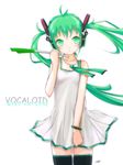  artist_name bracelet character_name dress floating_hair green_eyes green_hair hatsune_miku headphones jewelry kowiru long_hair solo spring_onion thighhighs twintails vocaloid white_background 