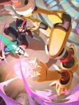  2boys absurdres armor blonde_hair commentary_request cubit_foxtar_(mega_man) duel energy_sword fire fireball floating_hair from_behind helmet highres holding holding_sword holding_weapon in-universe_location kitsune long_hair male_focus mega_man_(series) mega_man_zero_(series) mega_man_zero_3 midair multiple_boys non-humanoid_robot omochi_(mochi_skymega) purple_fire red_armor red_helmet robot robot_animal standing sword weapon z_saber zero(z)_(mega_man) zero_(mega_man) 