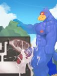 absurd_res after_sex anthro areola avian balls beak big_muscles big_penis biped bird blue_body blue_feathers blush bodily_fluids body_worship cum cum_inside destruction excessive_cum excessive_genital_fluids facility falco_lombardi feathers flooding genital_fluids genitals glans grin half-erect hi_res huge_penis humanoid_genitalia humanoid_penis internal machine macro male milking_machine muscular muscular_anthro muscular_male namutree nintendo nipples non-mammal_balls non-mammal_nipples pecs penetrable_sex_toy penile penis penis_milking sex_toy smile solo star_fox thick_penis