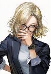  1girl ai-generated black-framed_eyewear black_suit blonde_hair covering_own_mouth from_above glasses grace_ashcroft grey_eyes hair_over_one_eye hand_over_own_mouth highres lapels long_sleeves looking_at_viewer looking_up medium_hair n3vermind_mir resident_evil resident_evil_requiem shirt simple_background solo suit upper_body watch white_background white_shirt wristwatch 