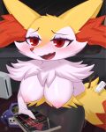anthro bedroom_eyes big_breasts blush blush_lines braixen breasts controller dukeofbananas erect_nipples female fluffy game_controller gamecube generation_6_pokemon genitals hi_res narrowed_eyes nintendo nintendo_controller nintendo_switch_2 nipples pokemon pokemon_(species) seductive solo standing vulva wii wii_remote