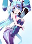  animal_ears aqua_eyes aqua_hair blue_leotard bunny_ears bunny_girl bunny_tail bunnysuit hatsune_miku leotard long_hair miuku_(marine_sapphire) pantyhose smile solo tail twintails very_long_hair vocaloid wrist_cuffs 