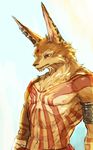  anthro armband band bandage biceps bindi_(decoration) bodypaint brown_fur bust canine clothing ear_piercing fennec fox frown fur jewelry male mammal markings moodraw muscles nipples nude pecs piercing pose red_eyes solo standing tan_fur topless tribal 