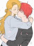  2boys ^_^ alternate_costume alternate_hairstyle asymmetrical_bangs black_sweater blush cherry_blossoms closed_eyes deidara_(naruto) earrings grin hair_bun hair_over_one_eye happy hayamin35 highres hug jewelry long_hair male_focus multiple_boys naruto_(series) naruto_shippuuden red_hair sasori_(naruto) short_hair simple_background smile sweater watermark white_background white_sweater yaoi 