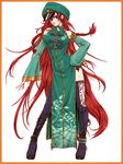  alternate_costume bare_shoulders belt blue_eyes boots border braid breasts contrapposto detached_sleeves earrings hair_tubes hand_on_hip hat highres hong_meiling jewelry large_breasts ledjoker07 long_hair red_border red_hair solo standing star thigh_boots thighhighs touhou twin_braids very_long_hair zipper 