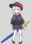  1girl absurdres aged_down animal_print black_shoes black_skirt blue_eyes bow bowtie breasts collared_shirt commentary_request elephant faust_(project_moon) hat heart highres holding holding_sword holding_weapon kindergarten_uniform korean_commentary langssi limbus_company limbus_kindergarten_uniform official_alternate_costume oppai_loli pleated_skirt project_moon red_bow school_hat shirt shoes short_hair skirt solo sword thighhighs traditional_bowtie weapon white_hair white_shirt white_thighhighs 
