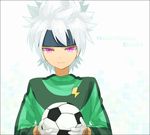  aina617 bad_id bad_pixiv_id ball earth_eleven gloves goalkeeper headband holding holding_ball ibuki_munemasa inazuma_eleven_(series) inazuma_eleven_go inazuma_eleven_go_galaxy lightning_bolt male_focus smile soccer_ball soccer_uniform solo sportswear telstar white_hair 