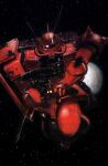  1980s_(style) aiming aiming_at_viewer cable gun gundam highres holding holding_gun holding_weapon kondou_kazuhisa machine_gun mecha mecha_focus mobile_suit mobile_suit_gundam no_humans one-eyed radio_antenna realistic red_eyes redesign retro_artstyle robot scan science_fiction shield solo space star_(sky) starry_sky_background thrusters traditional_media weapon zaku_ii zaku_ii_s_char_custom zeon zero_gravity 