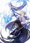  2boys akizuno armor bad_id bad_pixiv_id black_hair blonde_hair blue_eyes blue_hair breastplate cape gauntlets green_eyes horn long_hair multiple_boys pixiv_fantasia pixiv_fantasia_new_world pointy_ears sword very_long_hair weapon 