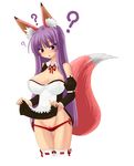  1girl ? animal_ears blush breasts enoko_(zqfebi) highres large_breasts open_mouth original pubic_hair purple_hair red_eyes simple_background solo tail white_background 