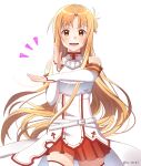  1girl :d armor asuna_(sao) belt blush breastplate breasts brown_eyes brown_hair commentary_request cowboy_shot detached_sleeves dress f-ism floating_hair grey_trim henshin_pose highres knights_of_blood_uniform_(sao) looking_at_viewer lower_teeth_only medium_dress miniskirt notice_lines pleated_skirt red_skirt red_trim simple_background skirt sleeveless sleeveless_dress sleeves_past_wrists small_breasts smile solo straight-on straight_hair sword_art_online teeth thighhighs tongue tu_tora2 turtleneck turtleneck_dress white_armor white_background white_belt white_dress white_sleeves white_thighhighs wide_hips 