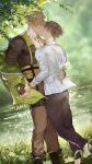  2boys absurdres artist_name bags_under_eyes black_gloves blonde_hair blush boots bouquet bracelet brown_eyes brown_hair brown_pants brown_shirt closed_eyes eiden_(nu_carnival) gem gloves grass green_jacket highres holding_hands hug jacket jacket_partially_removed jewelry kiss large_pectorals male_focus merronng multiple_boys muscular muscular_male nu_carnival off_shoulder orange_eyes pants pectoral_cleavage pectorals quincy_(nu_carnival) river shirt short_hair spiked_hair tree white_shirt yaoi yellow_gem 