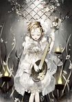  blonde_hair candle closed_eyes flower gloves hair_ornament inpells instrument music open_mouth original short_hair singing sitting solo 