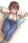  arm_support blush breasts breath brown_eyes brown_hair cleavage denim downblouse from_above gloves hay idolmaster idolmaster_cinderella_girls large_breasts looking_at_viewer naked_overalls no_bra oikawa_shizuku open_mouth overalls pitchfork short_hair sitting smile solo tsuda_nanafushi 