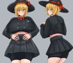  1girl animal_print black_skirt blonde_hair bow bowtie breasts closed_mouth collared_shirt don_quixote_(project_moon) elephant fang gugugu44630967 hat highres kindergarten_uniform limbus_company limbus_kindergarten_uniform official_alternate_costume pleated_skirt project_moon red_bow school_hat shirt simple_background skirt solo traditional_bowtie white_shirt yellow_eyes 