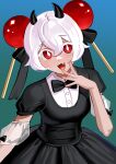  1girl :d akagi_kurage black_bow black_bowtie black_dress blue_background bow bowtie breasts colored_shadow copyright_request detached_sleeves dress fang gradient_background green_background hair_bow highres horns lollipop_hair_ornament pleated_dress puffy_short_sleeves puffy_sleeves red_eyes see-through_clothes see-through_sleeves shadow short_sleeves small_breasts smile solo 