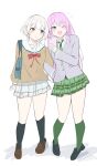  2girls bang_dream! bang_dream!_it's_mygo!!!!! black_shoes black_socks blue_eyes blush bow bowtie brown_shirt brown_shoes chihaya_anon commentary diagonal-striped_clothes diagonal-striped_necktie fang green_necktie green_skirt green_socks grey_jacket grey_skirt hanasakigawa_school_uniform haneoka_school_uniform heterochromia highres jacket kaname_raana loafers long_hair long_sleeves looking_at_viewer melty_lubll multiple_girls necktie one_eye_closed open_mouth pink_hair plaid_clothes plaid_skirt pleated_skirt red_bow red_bowtie sailor_collar school_uniform selfie serafuku shirt shoes short_hair skin_fang skirt socks striped_clothes white_hair white_sailor_collar yellow_eyes 
