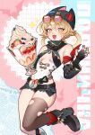  +_+ 1girl beanie black_nails blonde_hair braid braided_hair_rings breasts commentary compass cyrillic earrings eyewear_on_head fang fingerless_gloves food genshin_impact gloves hair_rings hat highres jahoda_(genshin_impact) jewelry loemyn micro_shorts parfait shorts single_thighhigh skin_fang small_breasts strawberry_parfait thighhighs untranslatable_commentary yellow_eyes 