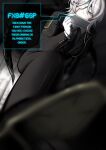  1girl black_jacket black_necktie black_pants black_shoes blue_eyes buttons dress_shoes english_text faust_(project_moon) gloves highres index_(identity)_(project_moon) jacket limbus_company necktie pants pov_stomped project_moon shoes short_hair sidelocks solo speech_bubble tomoart985 white_gloves white_hair 