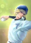  1boy ball baseball baseball_(object) baseball_cap baseball_jersey baseball_uniform blonde_hair blue_eyes blue_hat blurry blurry_background chinese_commentary cloud_strife commentary_request final_fantasy final_fantasy_vii hat highres holding holding_ball jersey long_sleeves looking_to_the_side male_focus parted_lips shirt short_hair short_sleeves shorts solo sportswear throwing upper_body white_shirt white_shorts zzys1118 