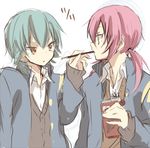  bad_id bad_pixiv_id blue_hair food gakuran inazuma_eleven_(series) inazuma_eleven_go izumi39 kariya_masaki kirino_ranmaru lowres male_focus mouth_hold multiple_boys open_clothes pink_hair pocky raimon raimon_school_uniform school_uniform twintails white_background yellow_eyes 