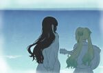  2girls acoustic_guitar animification aqua_hair arms_behind_back black_hair echoes_beyond_(love_live!) facing_away flower from_behind gradient_hair guitar hair_flower hair_ornament highres holding holding_guitar holding_instrument instrument jacket kan_kanna link!_like!_love_live! long_hair long_sleeves love_live! multicolored_hair multiple_girls noginogiro ocean osawa_rurino outdoors pleated_skirt real_life skirt twintails very_long_hair virtual_youtuber voice_actor voice_actor_connection white_flower 