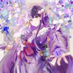  1girl alternate_costume arm_up blunt_bangs blurry braid character_doll closed_mouth collarbone commentary dango depth_of_field detached_collar doll flower food food-themed_hair_ornament genshin_impact hair_ornament highres japanese_clothes kimono light_blush long_sleeves makoto_(genshin_impact) mole mole_under_eye otwd_2d outdoors purple_eyes purple_hair purple_kimono raiden_shogun reaching reaching_towards_viewer single_braid solo standing untranslatable_commentary upper_body wagashi wide_sleeves wisteria 