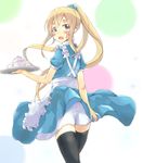  blonde_hair blue_eyes dress from_behind k-on! kotobuki_tsumugi long_hair looking_back ponytail solo tea_set thighhighs tray waitress weeeeen 