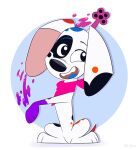 101_dalmatian_street 101_dalmatians 4_fingers black_body black_fur black_nose black_pawpads black_spots blue_spots blue_tongue canid canine canis da_vinci_(101_dalmatians) dalmatian disney domestic_dog female feral fingers floppy_ears fur hi_res kerchief mammal markings mr.jazz neckerchief neckwear open_mouth open_smile orange_spots pawpads pink_inner_ear pink_kerchief pink_neckerchief pink_paws purple_paws red_spots smile solo spots spotted_body spotted_fur tongue white_body white_fur
