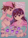  1boy 1girl alternate_costume antenna_hair apron aubrey_(headspace)_(omori) aubrey_(omori) baking_sheet basil_(headspace)_(omori) basil_(omori) black_eyes black_hair blue_shirt blush bowl bright_pupils brown_hair character_cookie collared_shirt commentary hair_ornament hairclip headscarf hero_(faraway)_(omori) hero_(headspace)_(omori) hero_(omori) highres holding holding_bowl kel_(headspace)_(omori) kel_(omori) long_hair mari_(faraway)_(omori) mari_(headspace)_(omori) mari_(omori) milkymilkyshark mixing_bowl omori omori_(omori) one_eye_closed oven_mitts pink_apron pink_headscarf pink_sweater shirt shirt_under_sweater short_hair short_sleeves smile sweater t-shirt white_pupils white_shirt 