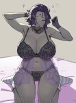  1girl absurdres bed black_bra black_choker black_gloves black_panties blue_socks blush bra breasts cameltoe choker closed_eyes colored_skin commentary dc_comics flowerpigeon forehead_jewel gloves grey_skin highres lace large_breasts lingerie multicolored_socks open_mouth panties purple_hair raven_(dc) see-through_clothes short_hair socks solo striped_clothes striped_socks teen_titans underwear untranslatable_commentary waking_up white_socks 