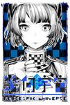  bad_id bad_pixiv_id checkered cube earrings face finger_frame hat jewelry looking_at_viewer monochrome nakbe original short_hair smile solo 