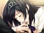  1girl black_hair blush bow eyes_closed fellatio game_cg hairband handjob innocent_grey kara_no_shoujo long_hair oral penis ribbon saliva school_uniform sugina_miki tsukishima_orihime uncensored 