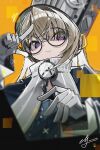 1girl :t absurdres blonde_hair blue_jacket closed_mouth commentary_request glasses gloves grey_hat hat highres jacket large_hat long_hair looking_at_viewer marttkim00 motion_lines norma_(zenless_zone_zero) orange_background purple_eyes solo sparkle upper_body white_gloves zenless_zone_zero 