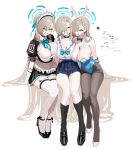  3girls absurdly_long_hair alternate_costume animal_ears anyak05 apron aqua_leotard arm_around_another's_waist asuna_(blue_archive) asuna_(bunny)_(blue_archive) asuna_(school_uniform)_(blue_archive) asymmetrical_bangs between_breasts black_choker black_dress black_pantyhose black_shoes black_socks blonde_hair blue_archive blue_bow blue_bowtie blue_eyes blue_halo blue_leotard blue_ribbon bow bowtie breast_press breasts button_gap choker cleavage dated_commentary detached_collar dress fake_animal_ears frilled_apron frilled_dress frills gloves grin hair_flowing_over hair_in_own_mouth hair_over_one_eye hair_spread_out halo high_heels highleg highleg_leotard highres large_breasts leotard long_hair looking_at_viewer loose_bowtie maid maid_apron maid_headdress mole mole_on_breast multiple_girls multiple_persona official_alternate_costume pantyhose playboy_bunny pleated_skirt puffy_short_sleeves puffy_sleeves rabbit_ears ribbon school_uniform shirt shoes short_sleeves simple_background sitting skirt smile socks strapless strapless_leotard symmetrical_docking thighband_pantyhose thighs traditional_bowtie undersized_breast_cup very_long_hair waist_apron white_apron white_background white_gloves white_shirt 