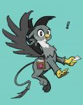  ! absurdres animal_focus aqua_background beak creature creature_focus envelope feathered_wings flying full_body gabby_(my_little_pony) griffin highres holding holding_envelope jaggy_lines looking_at_viewer my_little_pony my_little_pony:_friendship_is_magic no_humans noupu1115 ponytail saddlebags short_ponytail simple_background solo tachi-e wings 