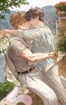  2boys absurdres artist_name bags_under_eyes belt black_belt blonde_hair blush bouquet bracelet brown_eyes brown_hair brown_shirt eiden_(nu_carnival) ermine eye_contact ferret flower flower_pot gem highres holding holding_bouquet jewelry large_pectorals looking_at_another male_focus merronng mountain multiple_boys muscular muscular_male nu_carnival ocean orange_eyes outdoors pants pectoral_cleavage pectorals quincy_(nu_carnival) shirt short_hair sky smile spiked_hair topper_(nu_carnival) tree weasel white_pants white_shirt yaoi yellow_gem 